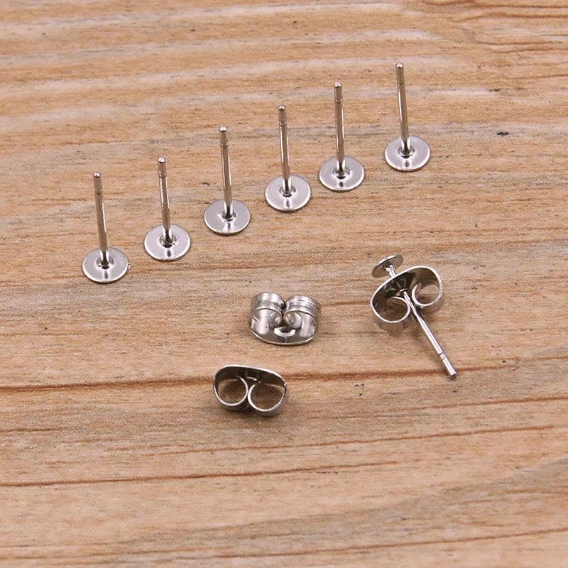 50-100pcs 2 Color Stainless Steel Earring Studs Blank Post Base Pins With Plug Findings Ear Back For DIY Jewelry Making