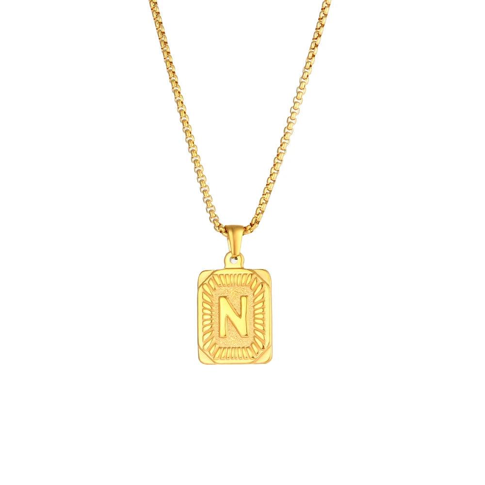 2023 New Stylish Square Pendant Necklace Men's Stainless Steel Gold Plated Letter Necklace Initial Necklace For Women