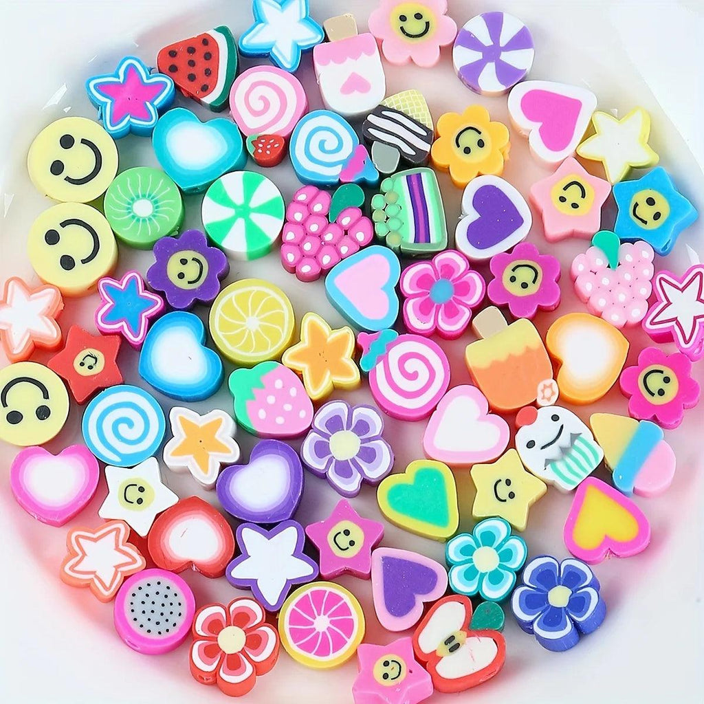 1 Pack 100Pcs Random Polymer Clay Stars & Fruit & Flowers & Heart & Beaded for Women DIY Bracelet Necklace Jewelry Making