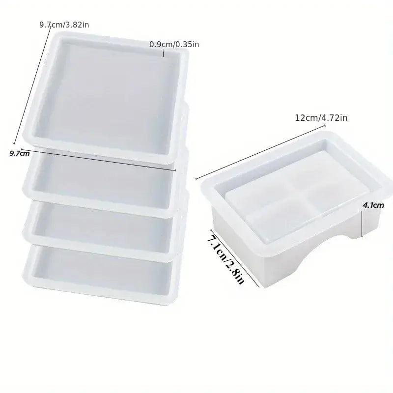 Coaster Resin Molds Set Include 1pc Coaster Storage Box Mold, 4Pcs Silicone Resin Coaster Mold for Epoxy Resin