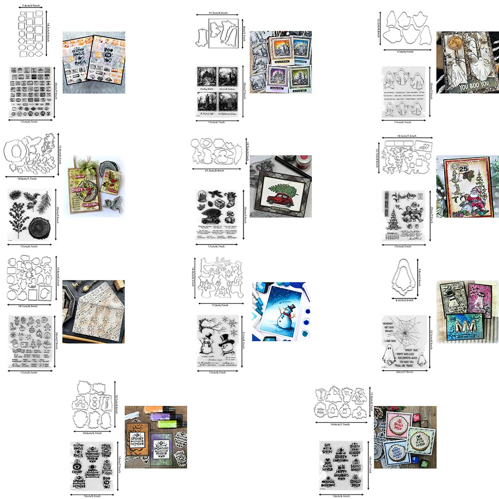 Ghost Snowman Car Ornament Metal Cutting Dies Wishes Words Block Clear Stamps for DIY Halloween Christmas Paper Craft