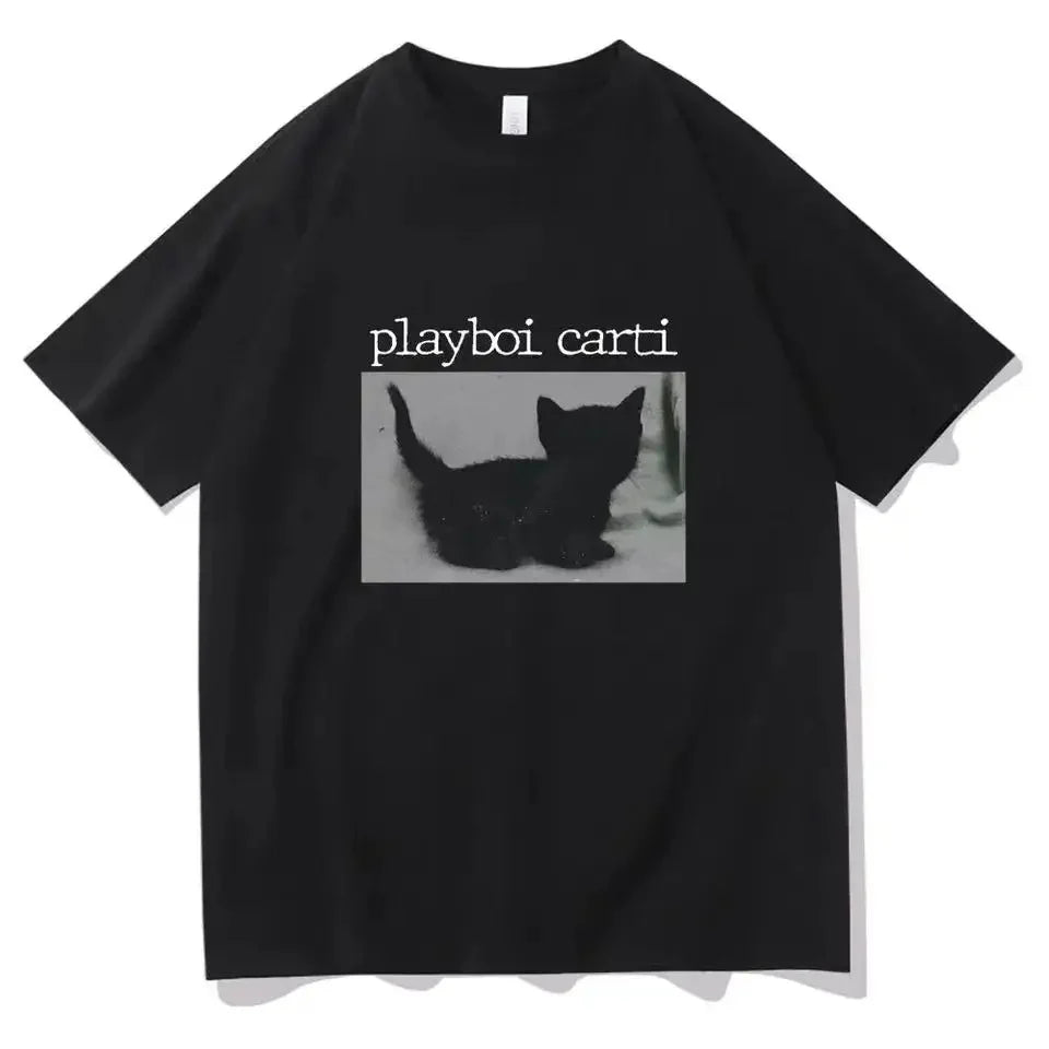 Playboi Carti Cute Cat Harajuku Print Oversized Hip-Hop T Shirts for Men and Women Cotton O-Neck Short Sleeve Tops