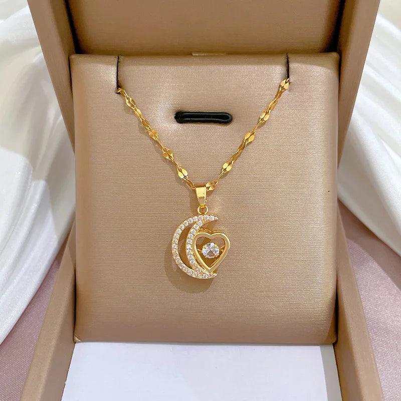Trendy Heart Butterfly Stainless Steel Pendant Necklaces For Women Girls Mother Gold Color Metal Crystal Jewelry Party Birthday