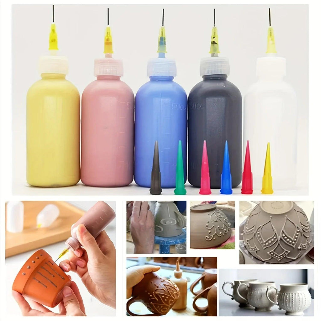 5pcs 50ml Pottery Mud Painting Bottle 35pcs Squeeze Mud Bottle Multi-needle DIY Texture Ceramic Coloring Glaze Painted Clay Tool