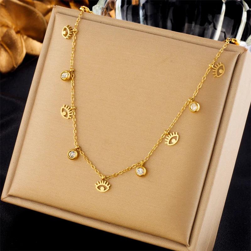 DIEYURO 316L Stainless Steel Eye Crystal Pendant Necklace For Women Girl New Trend Clavicle Chain Jewelry Gift Party Bijoux