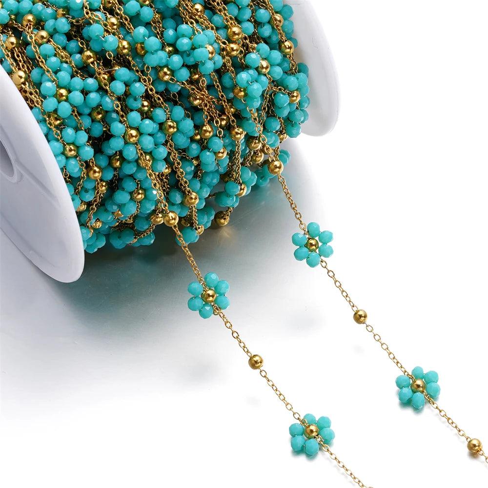1Meter Stainless Steel Pink Crystal Flower Natural Stone Beads Gold/Steel Color Chains for Necklace Bracelet DIY Jewelry Making