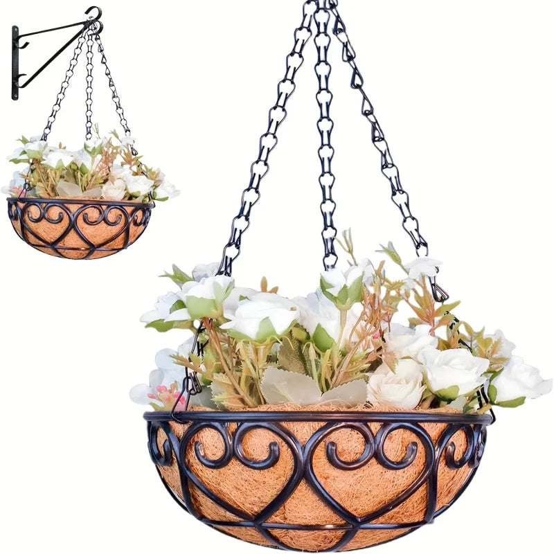 3pcs metal wire round hanging basket flower pot, coconut lined plant flower pot, outdoor garden, porch, balcony decoration