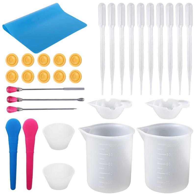 Easy Clean Silicone Resin Measuring Cups Tool Kit with Stir Sticks Pipettes Spatula Finger Cots for Epoxy Resin Mixing Supplies