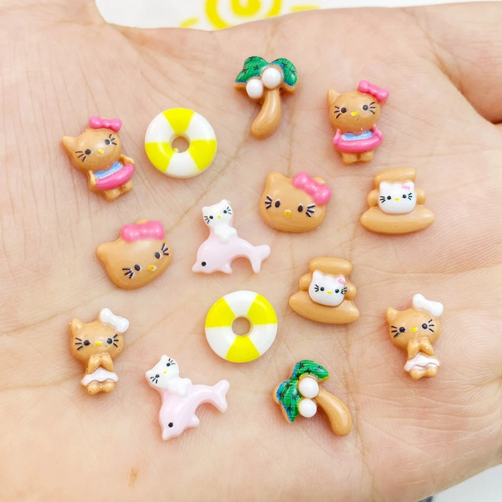 50Pcs Mixed Nail Art Resin Cartoon Cat, Coconut Tree, Swimming Circle Beach Designer Charms Rhinestones DIY Craft For Nail