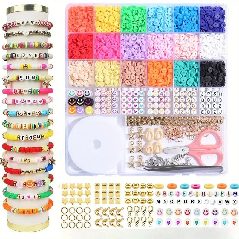 26 Unique Polymer Clay Bead Set With Rainbow Color Flat Bead Bohemian Bracelet Necklace Making Letter Bead Accessory Kit DIY