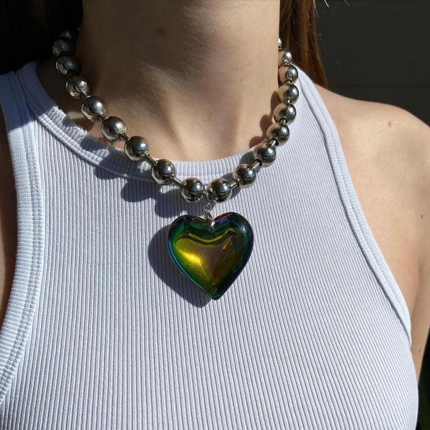 Grunge Fashion Glass Heart Pendant Necklace Y2K Oversize Ball Beads Chain Statement Choker Necklace for Women Club Punk Jewelry