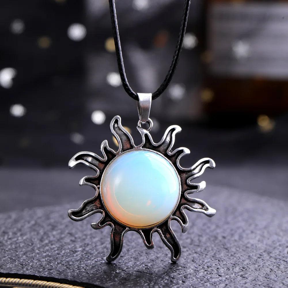 Fashion Natural Gem Stone Quartz Crystal Tiger-eye Plated Silver Alloy Sun Pendant Jewelry Making Accessories Sun Necklace Gift
