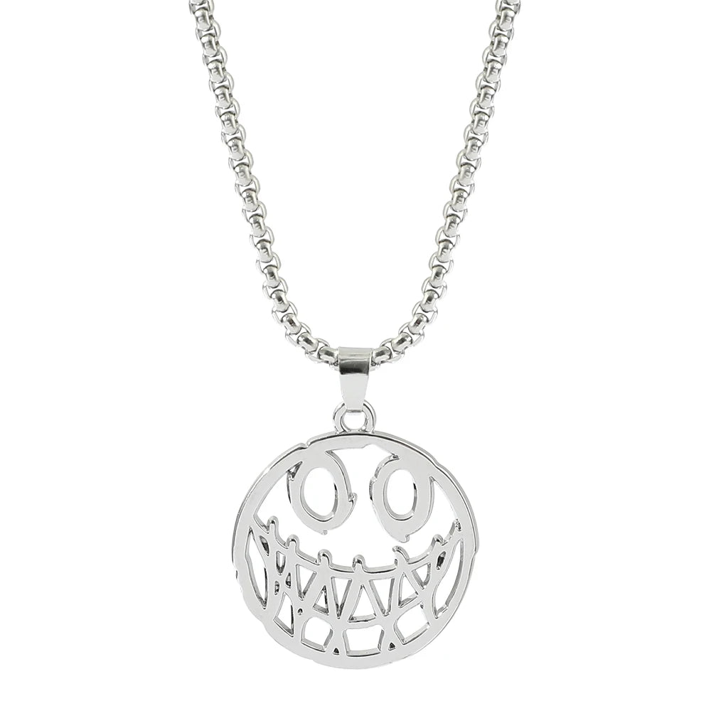 Titanium Steel Round Smiley Face Pendant Necklace Korean Style Long Sweater Chain Unisex Trendy Hip Hop Jewelry Accessories