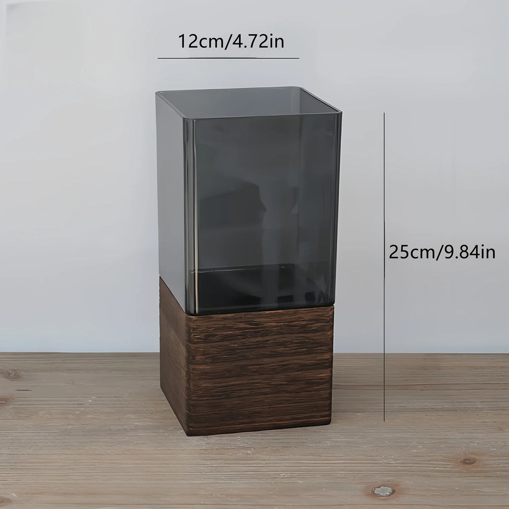 [Black Transparent Nordic Vase] 1pc Nordic Style Wooden Base Black Transparent Square Vase, 4 Sizes Available, Durable Acrylic