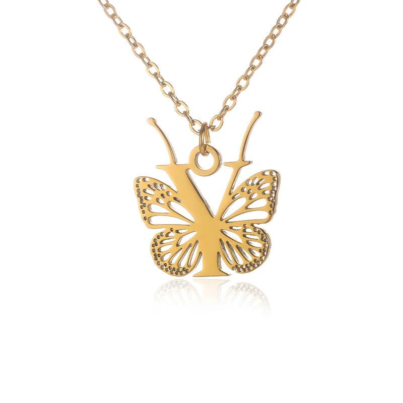 A-Z Initial Letter Collar Butterfly Necklace For Women Butterfly Jewelry Stainless Steel Alphabet Choker Necklace Female Gift