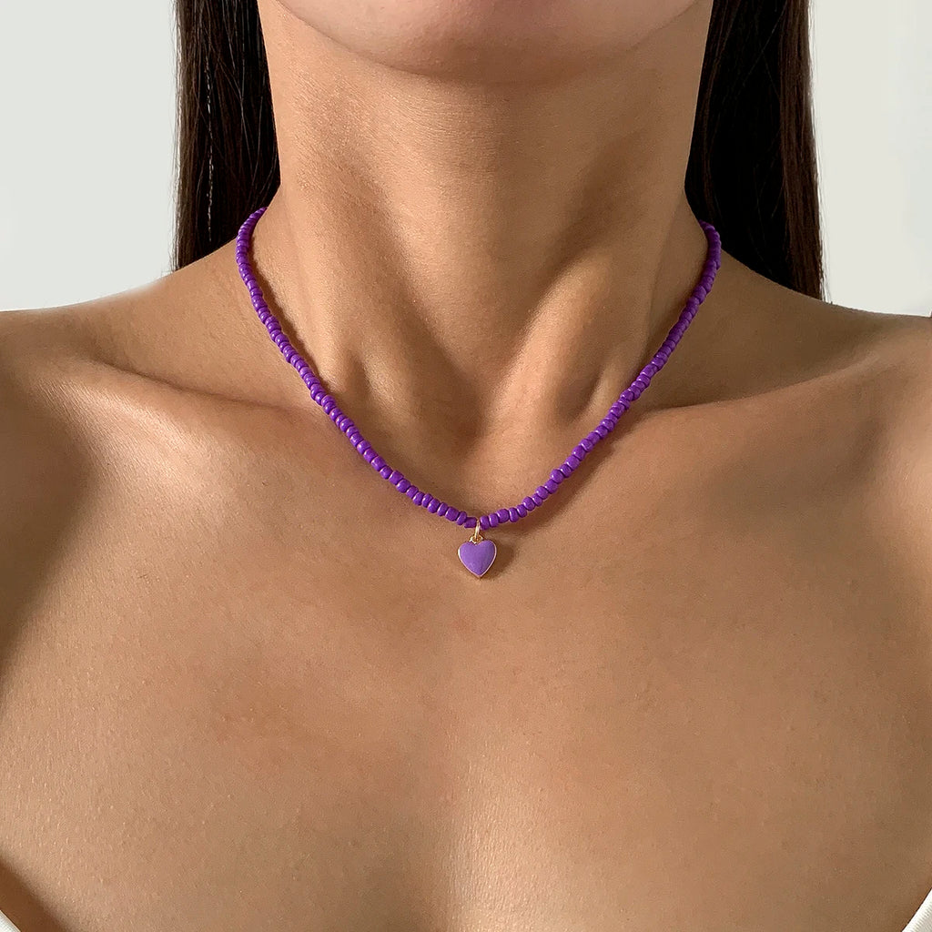Small Seed Beads with Heart Pendant Necklace for Women Trendy Ladies Beaded Chain on Neck Choker Collar 2024 Fashion Jewelry Acc