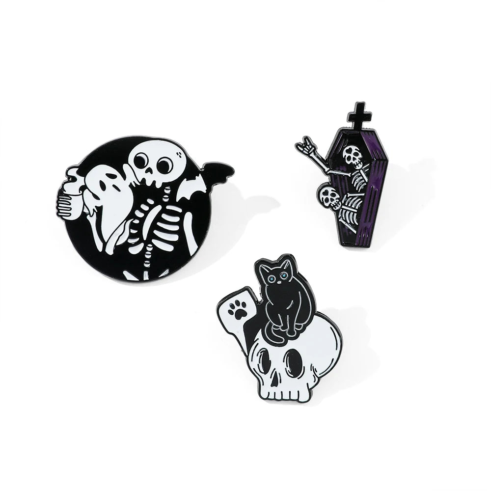 Cartoon Human Skeleton Brooch Skull Cat Metal Enamel Badge Backpack Clothes Lapel Pin Jewelry Accessories Gift
