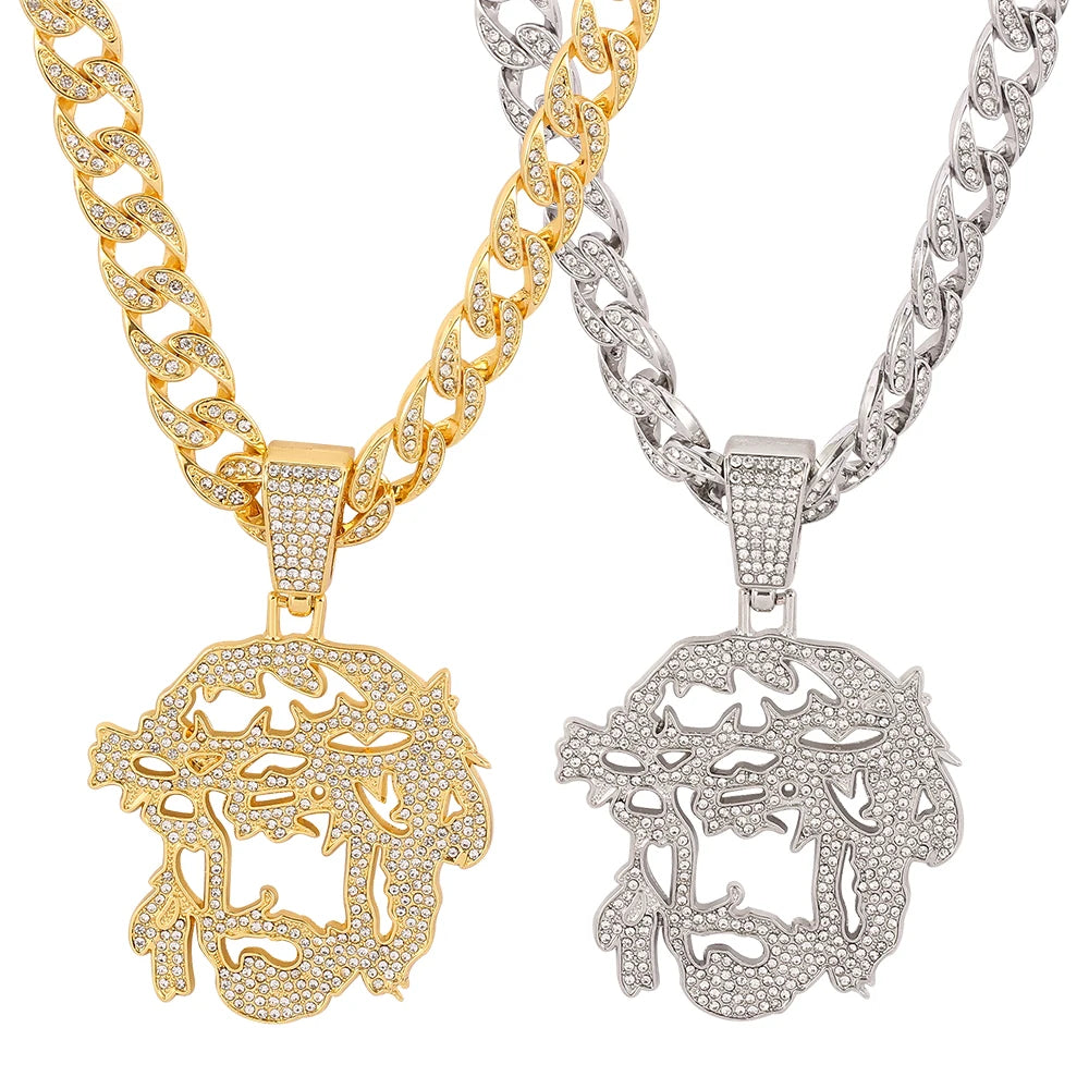Jesus Christ Piece Head Face Pendant For Men Iced Out Shining Crystal Charm Necklace With Chain Hip Hop Jewelry