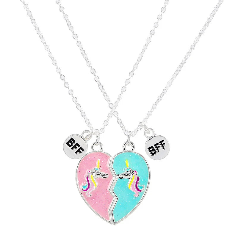 Qpeach 2Pack Heart Unicorn Bear Cat Pendant Best Friend Girl BFF Necklace of 2 for Besties Friendship Jewelry Gifts