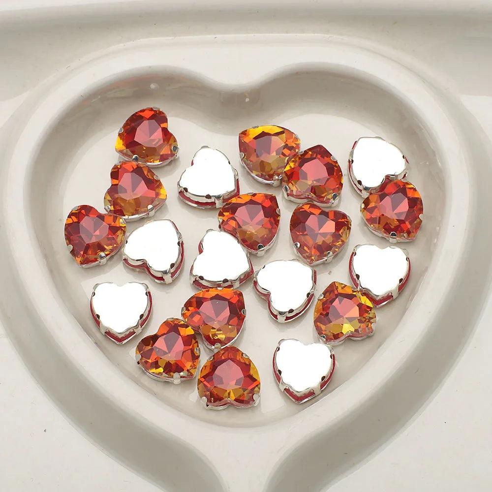10Pcs 14mm Crystal Glass Love Heart Beads Glitter Flatback Silver Claw Rhinestone Crafts Jewelry DIY Making Garment Accessories
