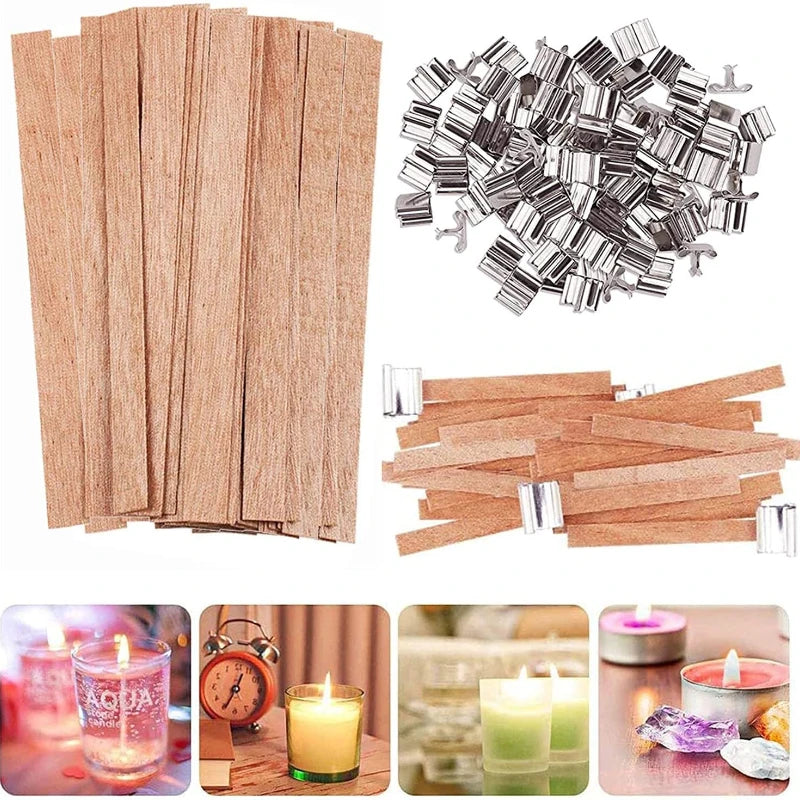 Wood Candle Wicks 30Pcs with Iron Stand Soy Parffin Beewax Wick Candle Cores Environmental-Friendly Wick DIY Candle Making Kit