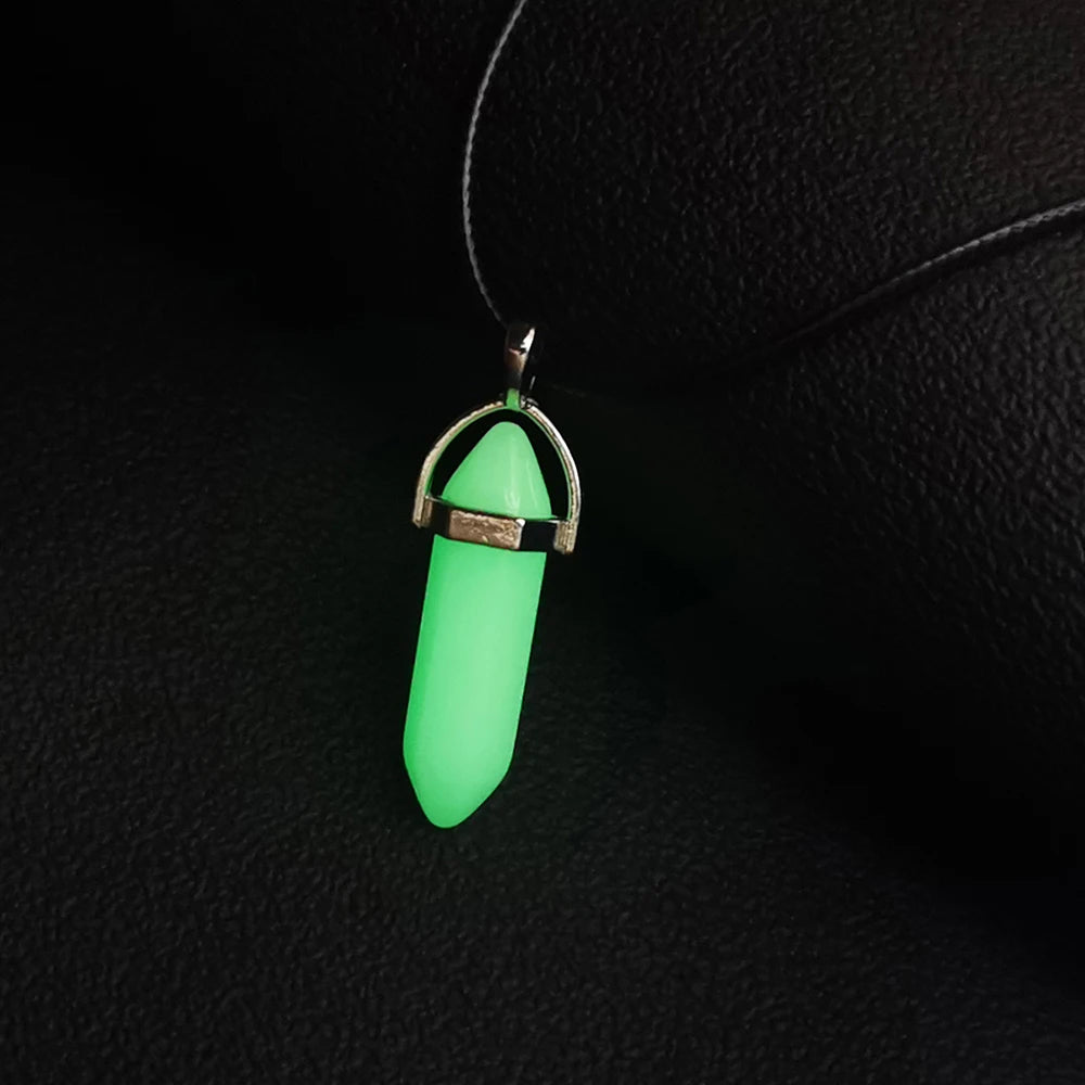Dark Luminous Stone Fluorescent Hexagonal Column Necklace Natural Crystal Glowing in Bullet Pendant Leather Fashion Jewelry Gift