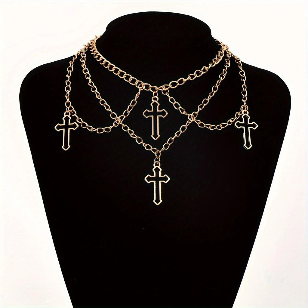 1pc Gothic Trendy Hip-Hop Geometric Multi-Layer Cross Currency Shaped Necklace , Collarbone Chain For Men And Women