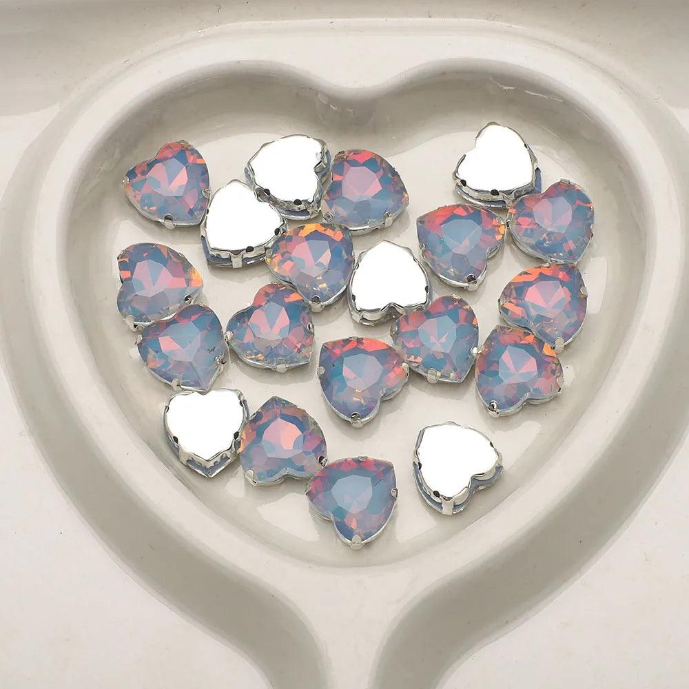 10Pcs 14mm Crystal Glass Love Heart Beads Glitter Flatback Silver Claw Rhinestone Crafts Jewelry DIY Making Garment Accessories