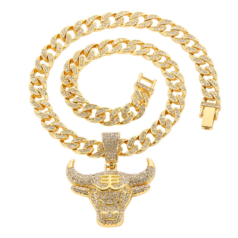 Hip Hop Head Of An Ox Pendant Necklace Gold Silver Colour Rhinestone Cuban Link Chain Men Women  Jewelry Gift