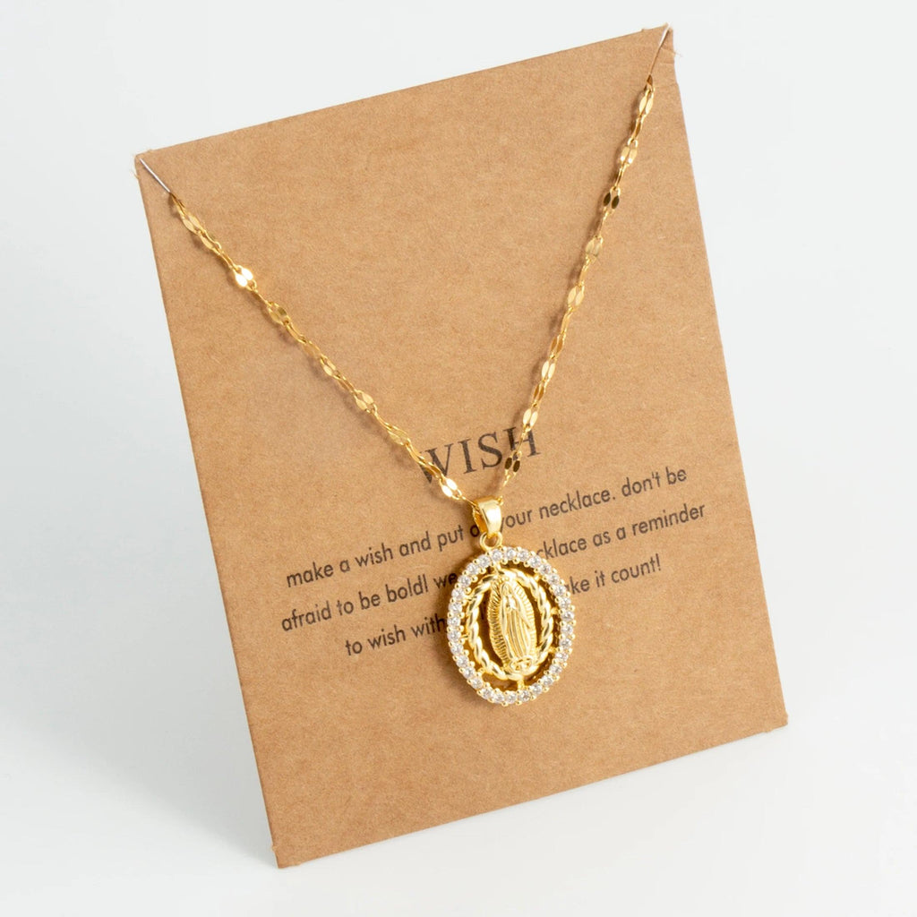 Oval round plaque inlaid with zircon religious pendant for women's party stainless steel Virgin Mary jewelry gift necklace