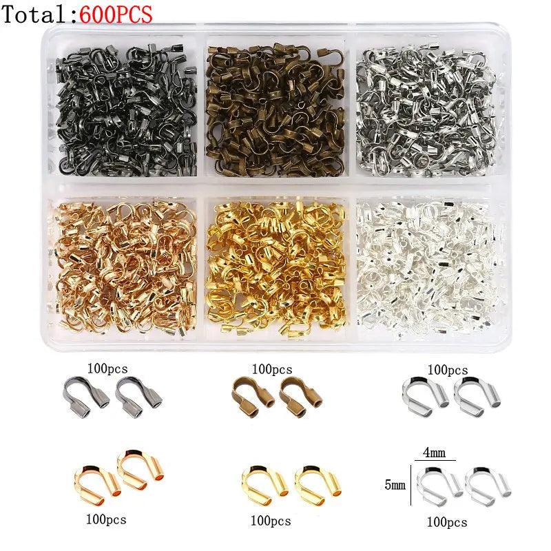 600pcs/Box 6 Styles Brass Tube Crimp Beads Tips Knot Covers Wire Guardians Protectors End Bead for DIY Jewelry Making Supplies