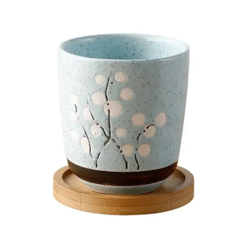 Flower Pot with Bamboo Tray Japanese Style Ceramic Lot Mini Cement Succulent   Bonsai Planter Garden Decor Office Home Plant