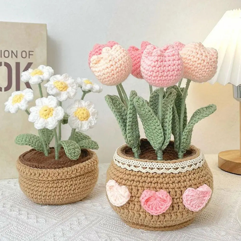 Handmade DIY Tulip Flowers Plant Potted Crochet Knitting Kit for Adults and Kids Crochet Starter Knitting Kit