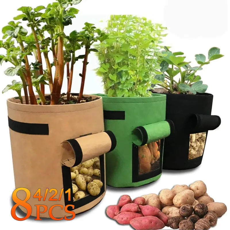 1-8PCS 5/10Gallon Felt Potato Planting Bag Large Diameter Vegetable Plant Seedling Bag Non-Woven Garden Potato Growing Bucket