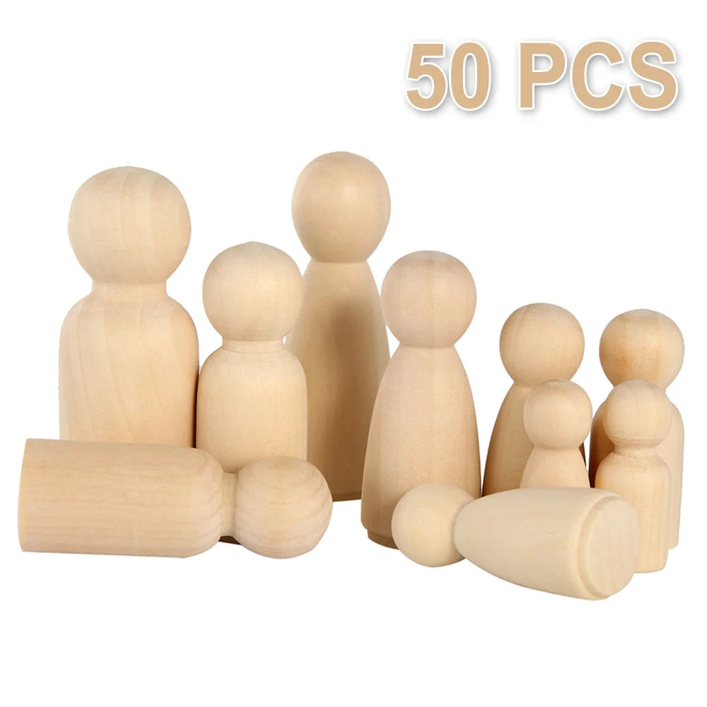 50pcs Unfinished Wooden Peg Dolls DIY Painting Natural Wood Unpainted Figures 4 Sizes Wooden Doll Decorative DIY Arts Crafts