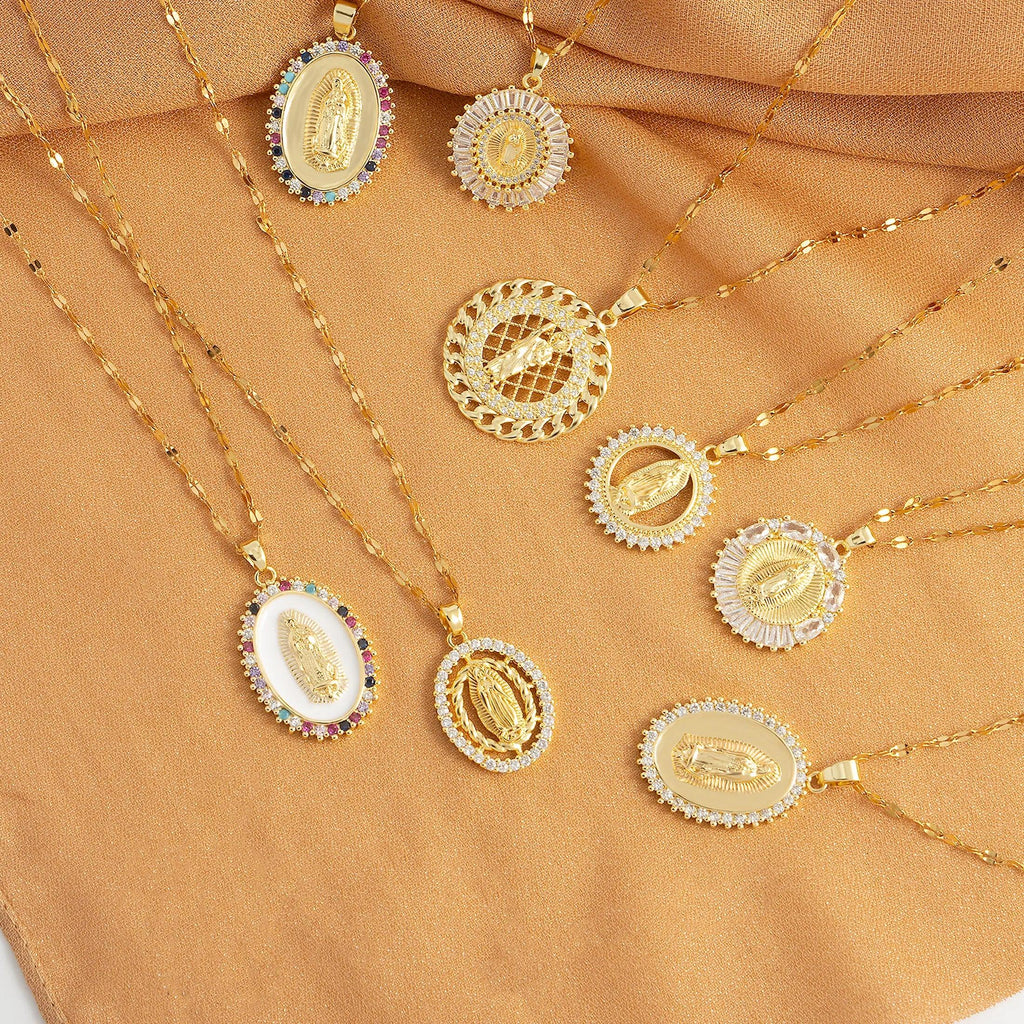 Oval round plaque inlaid with zircon religious pendant for women's party stainless steel Virgin Mary jewelry gift necklace