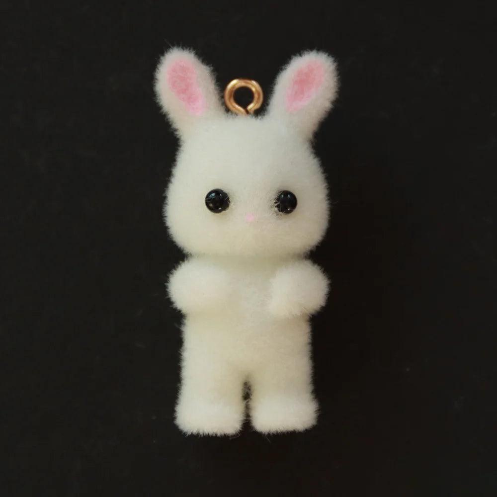 10pcs 3D Fluffy Flocking Animal Pendant Charms Kawaii Plush Cat Rabbit Rat Bear DIY Jewelry Crafts Make Keychain Miniature Doll