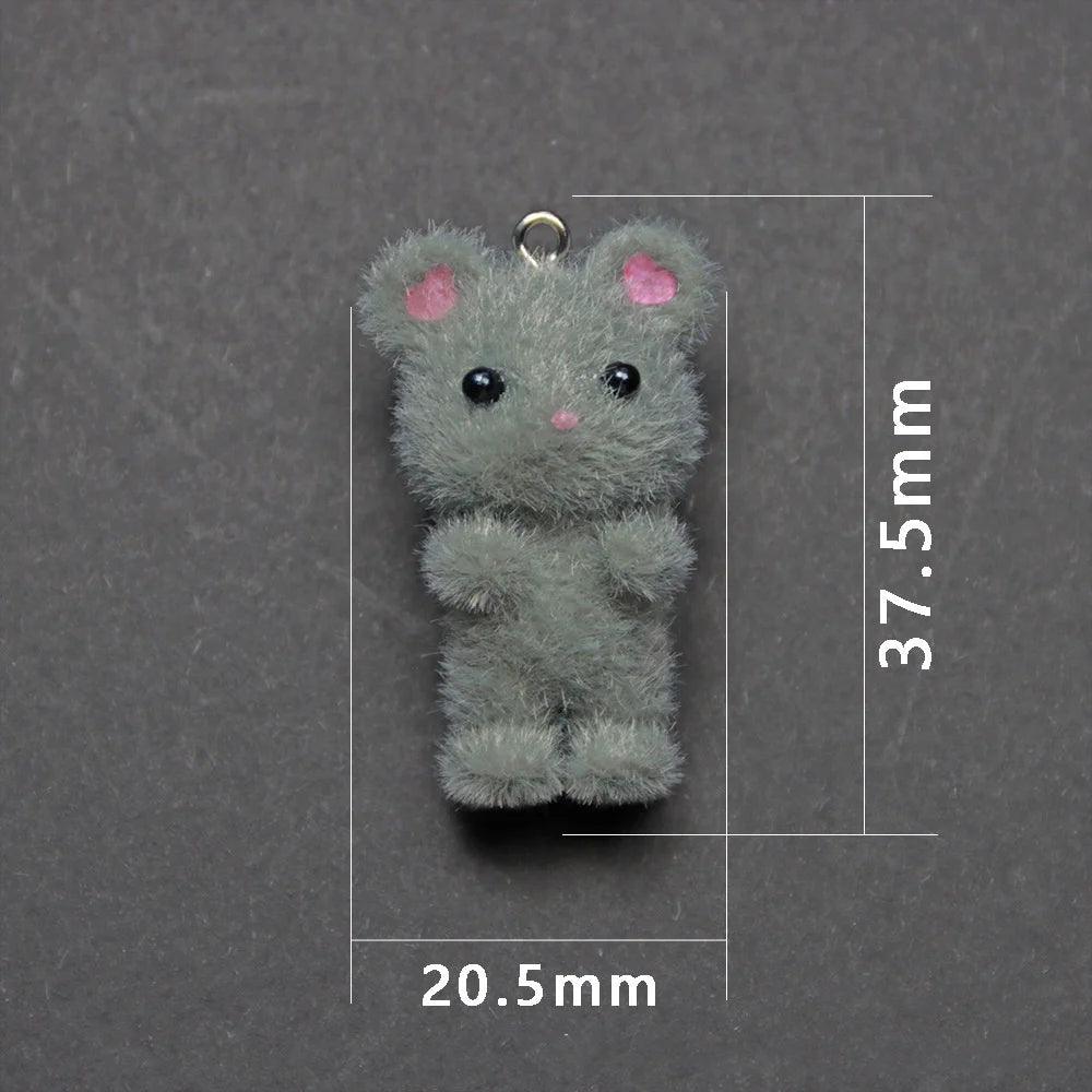 10pcs 3D Fluffy Flocking Animal Pendant Charms Kawaii Plush Cat Rabbit Rat Bear DIY Jewelry Crafts Make Keychain Miniature Doll