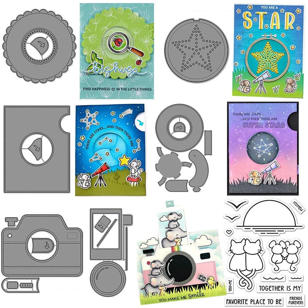 Magic Iris Camera Pull Tab Bundles Clear Stamps And Metal Cutting Dies For DIY Craft Making Card Scrapbooking Decoration
