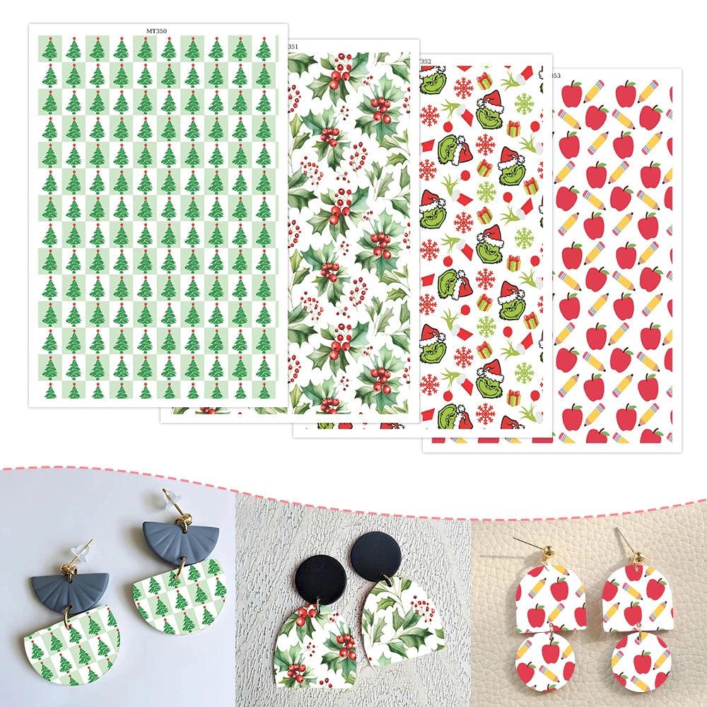 Christmas Theme Polymer Clay Transfer Paper Tree Holly Snowflake Hat Apple Ornament Stickers for DIY Earrings Printing Paper