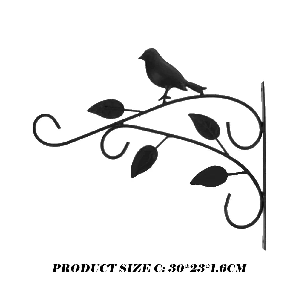 Bird Pattern Flower Basket Holder Wall Mounted Metal Bracket Hanger Rustic Style Wide Base for Outdoor Indoor Garden Yard Street