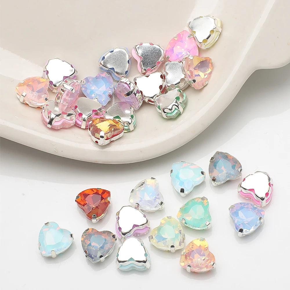 20Pcs 10mm Crystal Glass Love Heart Gems Beads Silver Claw Rhinestone Crafts Jewelry DIY Making Handmade Garment Accessories