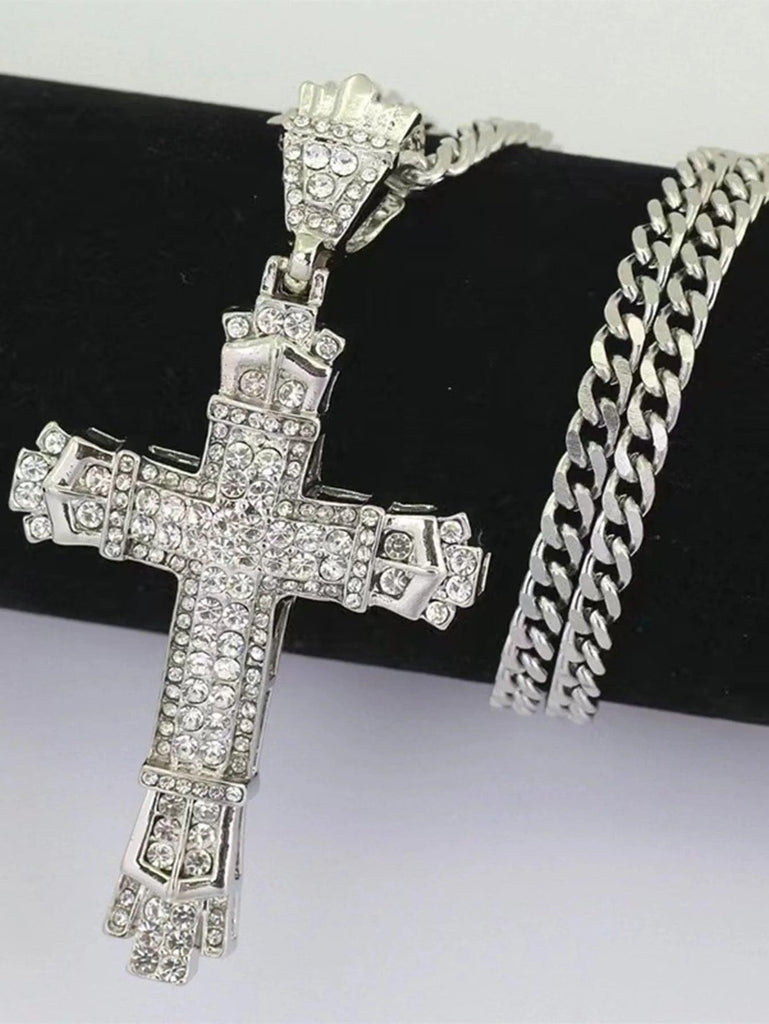 1 Simple Style MEN'S Rhinestone Christian Cross Rhinestone Pendant Necklace Personality Fashion Street Domineering Chain Jewelry