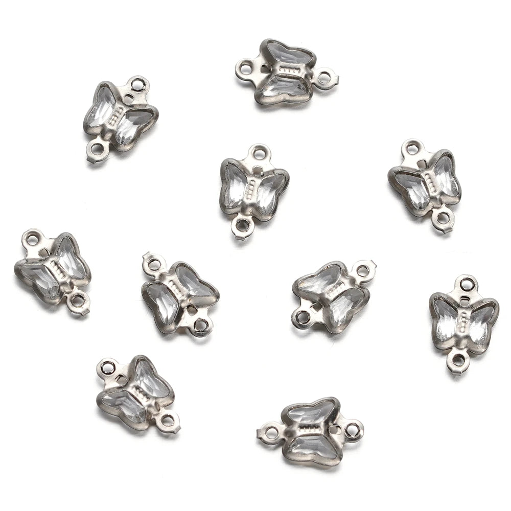 10pcs 7mm Stainless Steel Double Holes Butterfly with Rhinestones Bracelet Necklace Pendants Connectors for DIY Jewelry Making