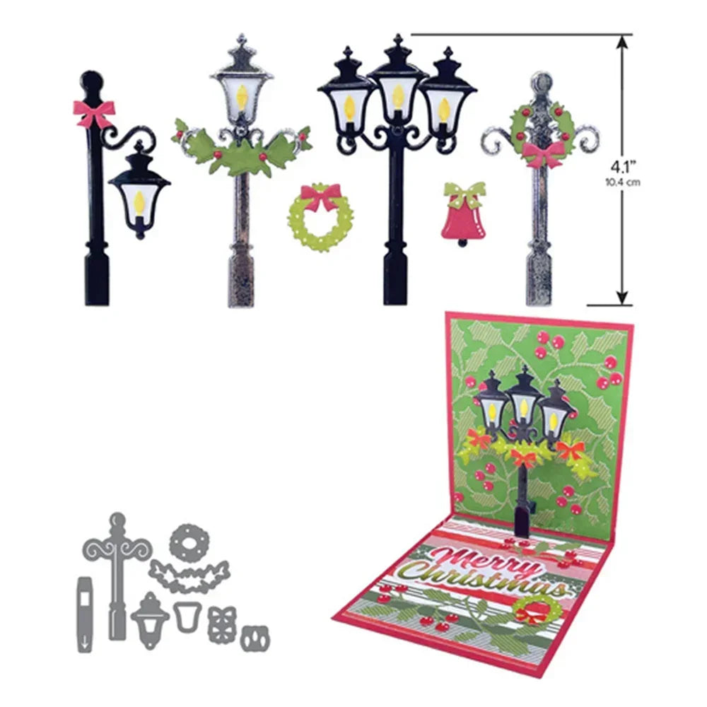 Christmas Snowman Fireplace Street Lantern Pop Up Long Nature Edges Metal Cutting Dies for DIY Scrapbooking Card Craft Making