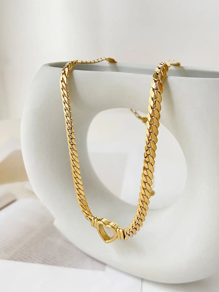 Peri'sbox Stainless Steel Solid Gold Pvd Plated Chunky Thick Chain Hollow Heart Choker Necklace for Women Street Fashion Jewelry