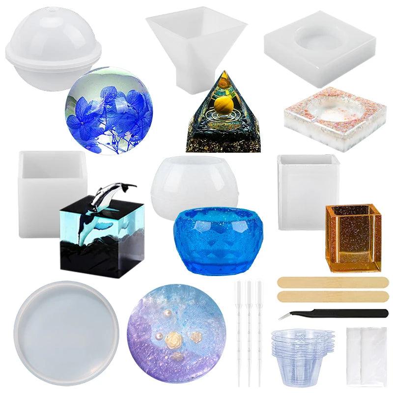 24Pcs Resin Molds Silicone Kit ,Epoxy Resin Molds Including Sphere,Cube,Pyramid,Square,Round, Used for Create Art,DIY