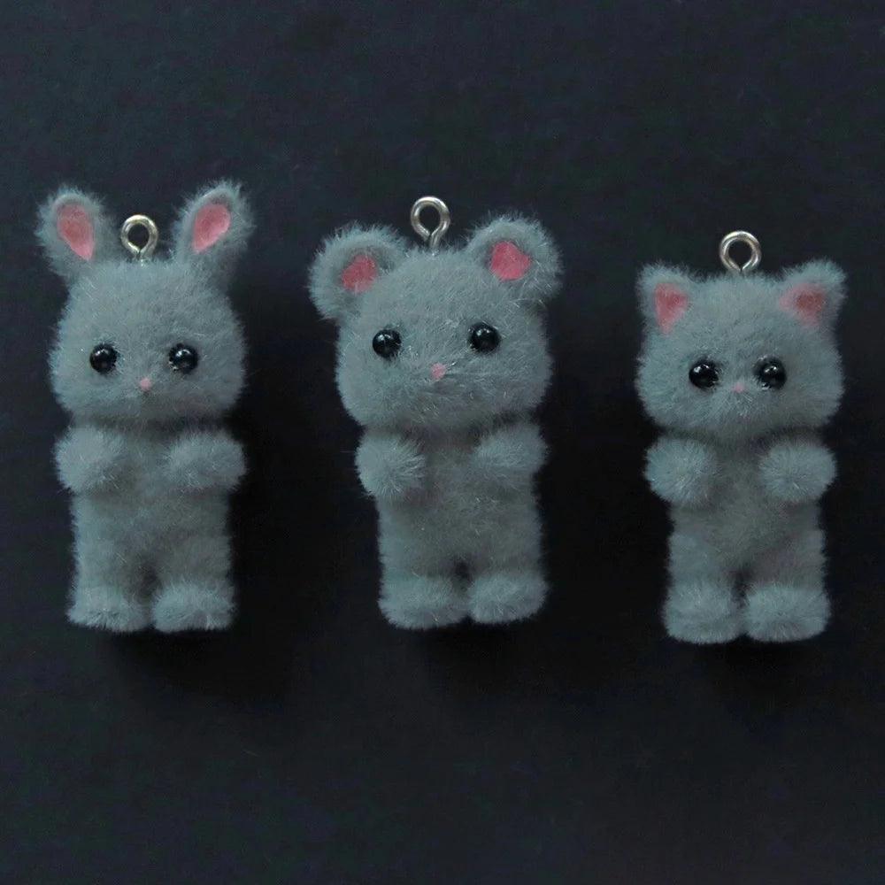 10pcs 3D Fluffy Flocking Animal Pendant Charms Kawaii Plush Cat Rabbit Rat Bear DIY Jewelry Crafts Make Keychain Miniature Doll