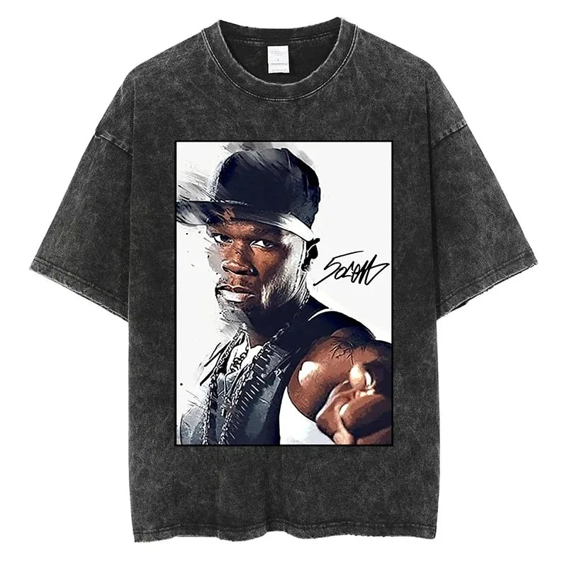 Hip Hop Streetwear T Shirt with 50 Cent Rapper Print Oversized Cotton Short Sleeve Tee for Men and Women