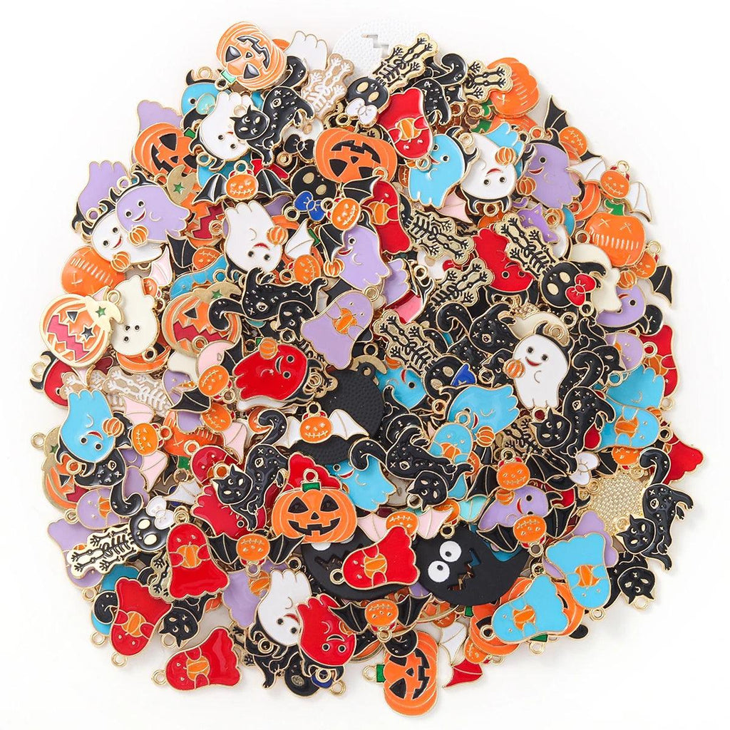 50Pcs Halloween Charms, Halloween Theme Pendant Key Ring Assorted Enamel Pumpkin Bat Ghost Hat Spider Beads for Women DIY Jewelr